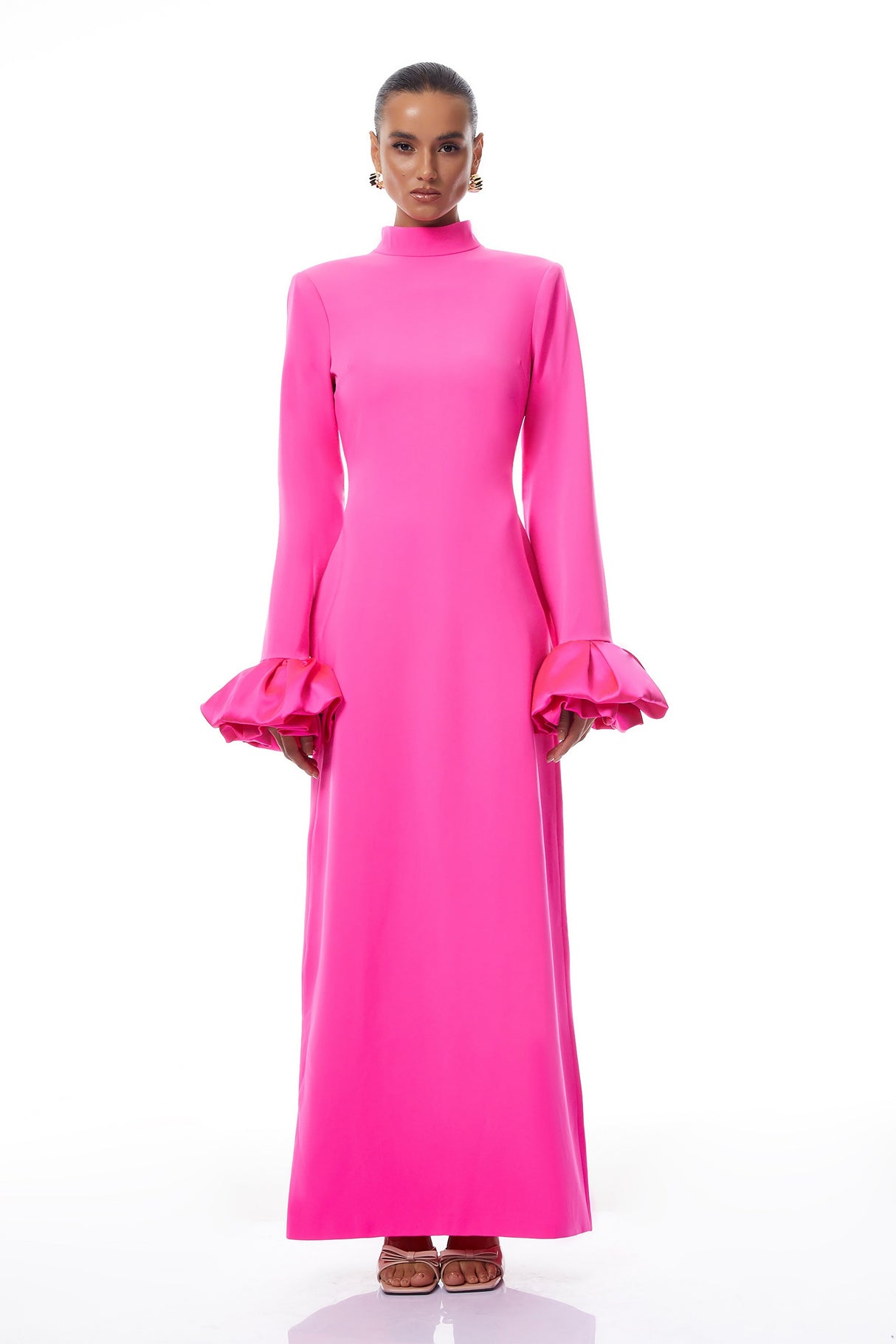 Aurohaya Eugenia Hot Pink Petal Cuff Maxi Dress
