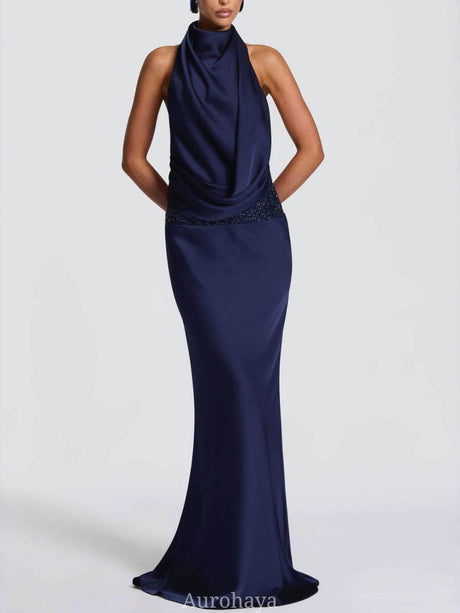 Aurohaya Camille Backless Sequin Satin Maxi Dress Drak Blue
