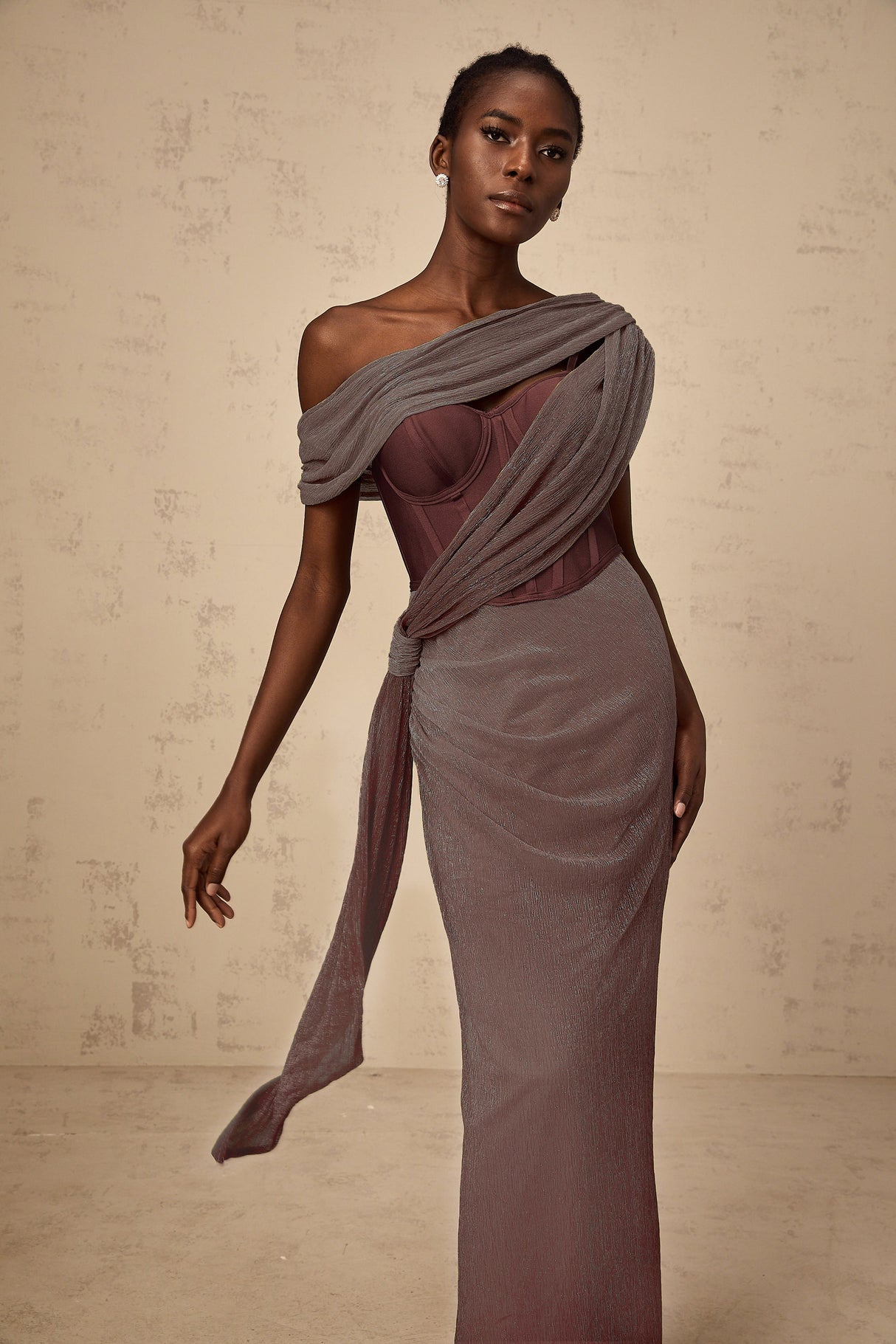 Aurohaya Delphine ribbon-design corset maxi dress in Brown