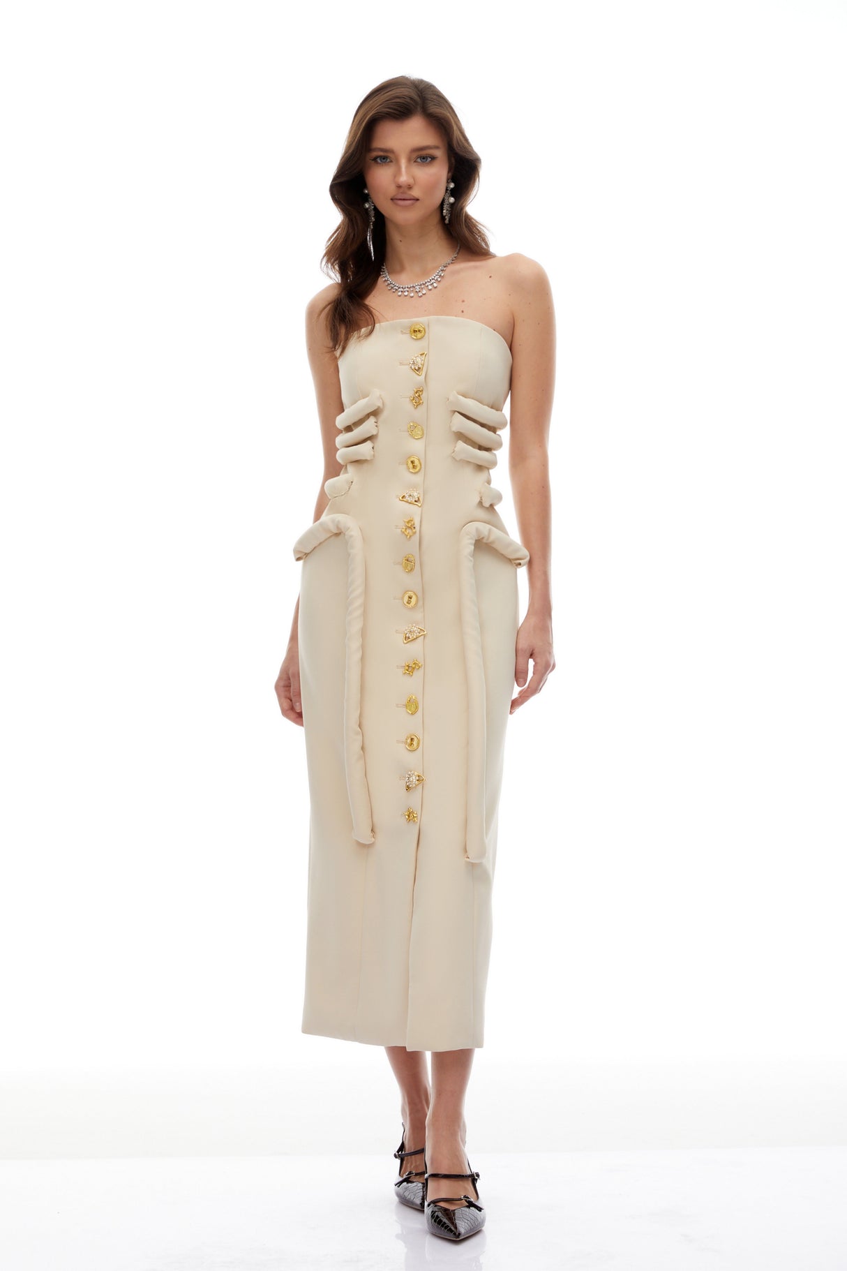 Aurohaya Thera Neutral Strapless Decorative Button Midi Dress