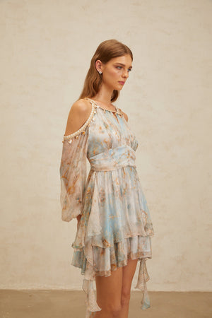 Aurohaya Glannon Blue Floral Print Silk Mini Dress