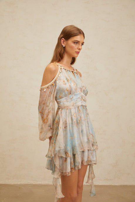 Aurohaya Glannon Blue Floral Print Silk Mini Dress