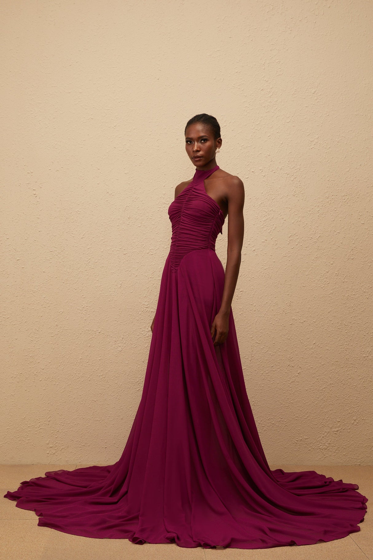 Aurohaya Kerstin Purple Train Design Ruched Maxi Dress