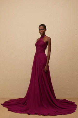 Aurohaya Kerstin Purple Train Design Ruched Maxi Dress