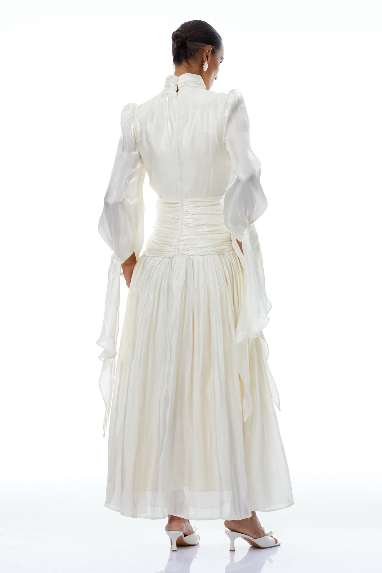 Aurohaya Sarolta Neutral Glossy Ruched Maxi Dress