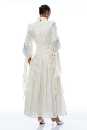 Aurohaya Sarolta Neutral Glossy Ruched Maxi Dress