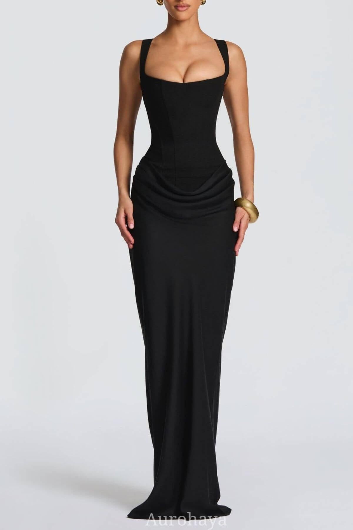 Hortense Square Neck Corset Maxi Dress / Black