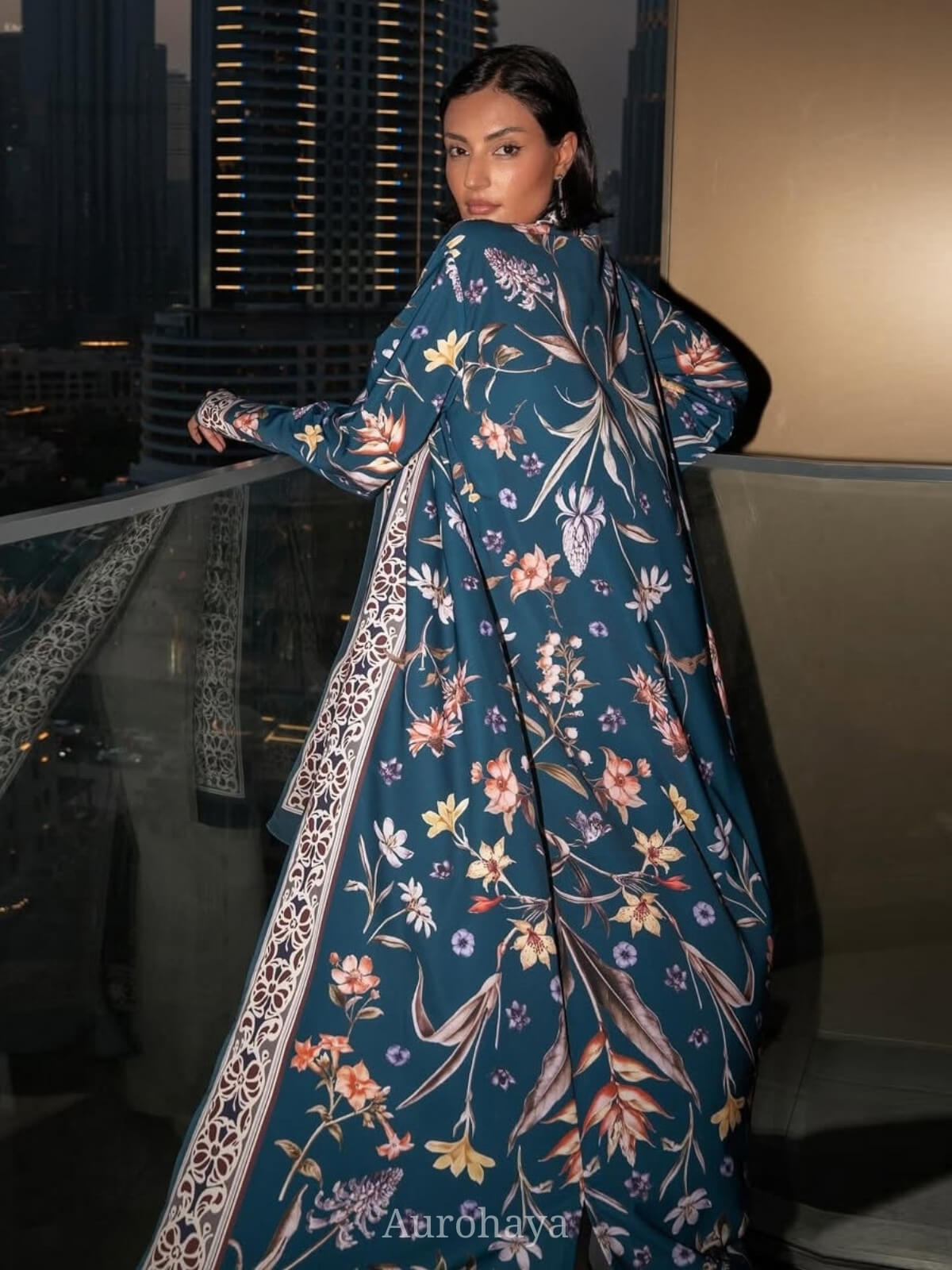 Floral Printed Open Abaya with Hijab 2-Piece Set