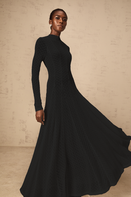 Aurohaya Athena wavy-pattern lace maxi dress in Black