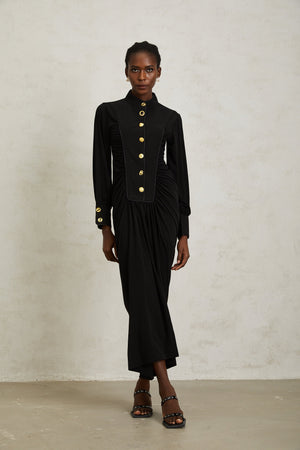 Aurohaya Brooklyn Black Gathered Draped Maxi Dress