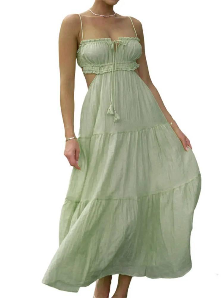 Aurohaya Sling Hollow Backless Large Pendulum Dress Green