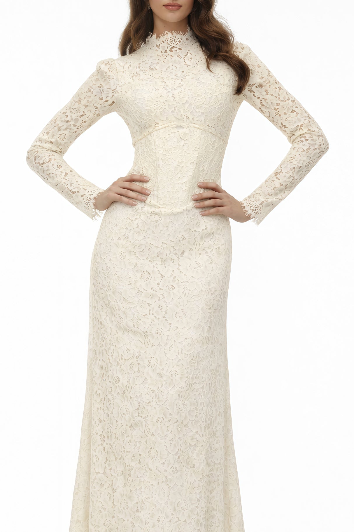 Aurohaya Maggie Ivory High Neck Floral Lace Maxi Dress
