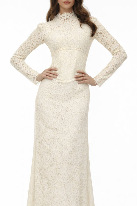 Aurohaya Maggie Ivory High Neck Floral Lace Maxi Dress
