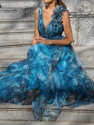 Aurohaya Fashionable Pleated Personalized Print Maxi Dress