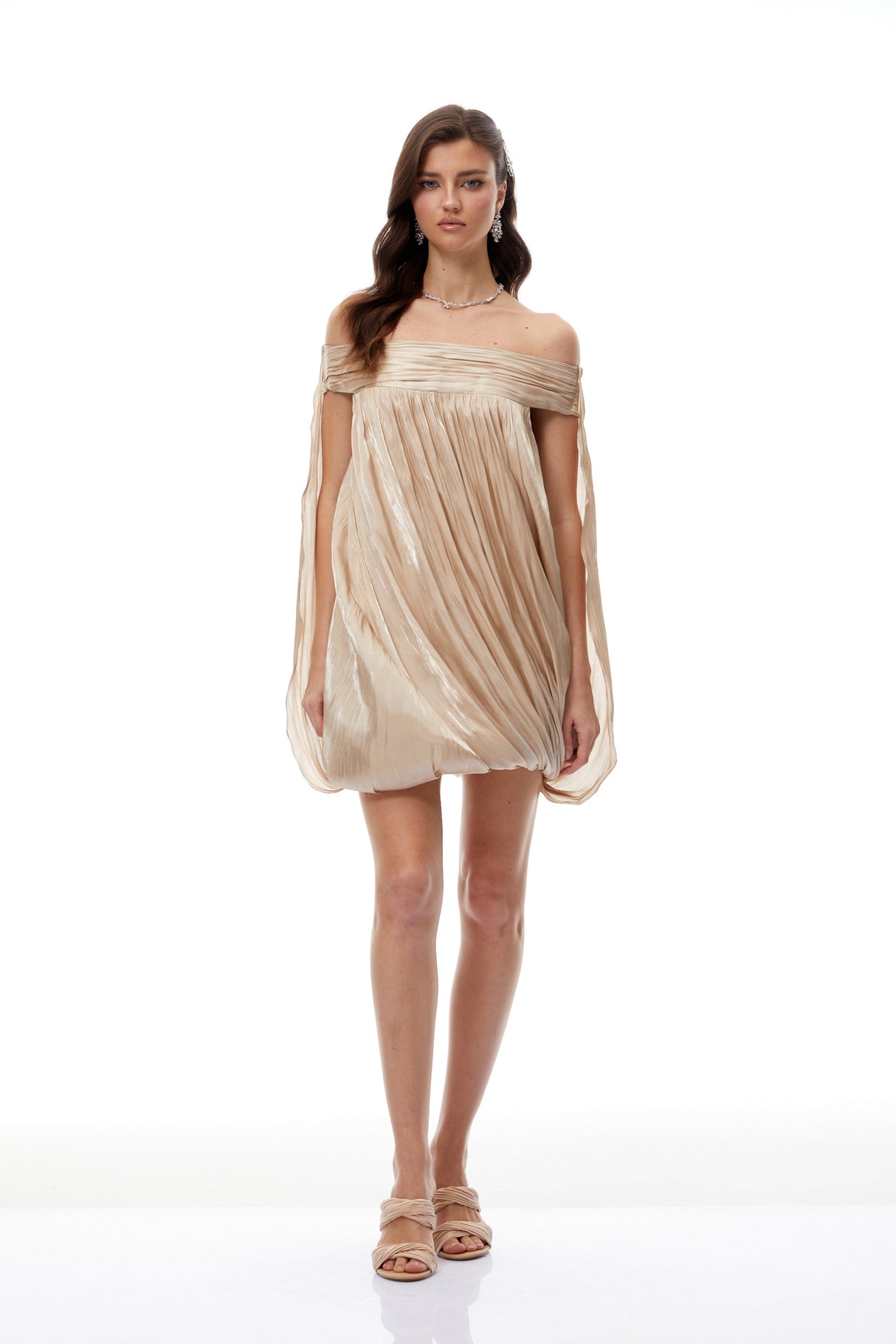 Aurohaya Anastasia Neutral Draped Glossy Mini Dress