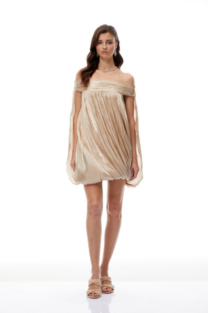 Aurohaya Anastasia Neutral Draped Glossy Mini Dress