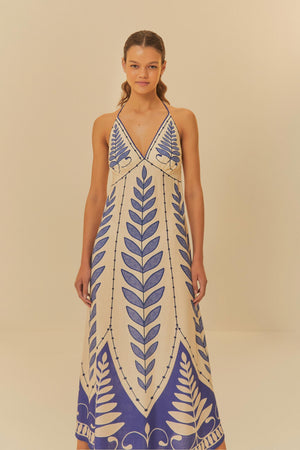 Aurohaya Unique Botanical And Floral Print V-Neck Halter Back Maxi Dress