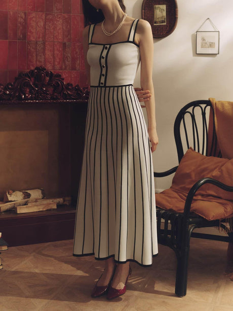 Aurohaya Vintage Suspender Striped Contrast Knitted Midi Dress White