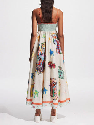 Aurohaya Unique Graffiti Print Suspenders Long Swing Midi Dress