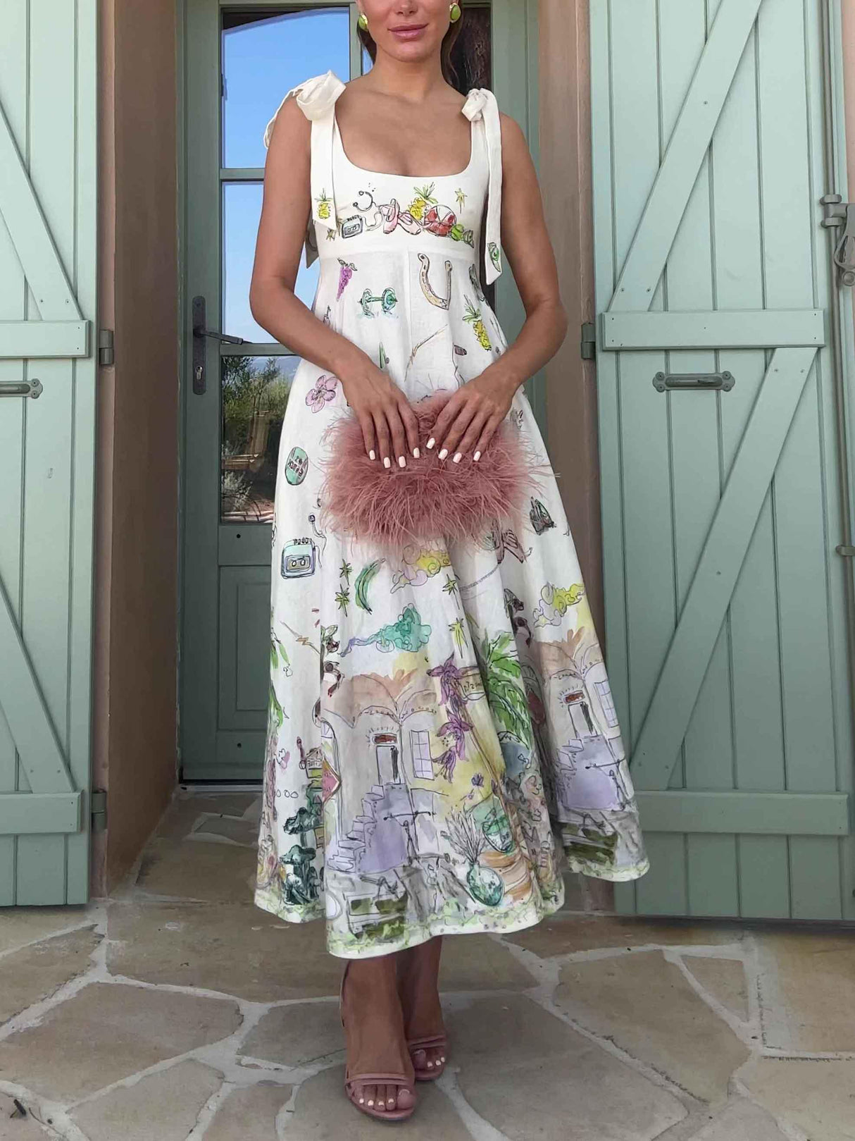 Aurohaya Exquisite Fantasy Floral Print Lace-up Maxi Dress White