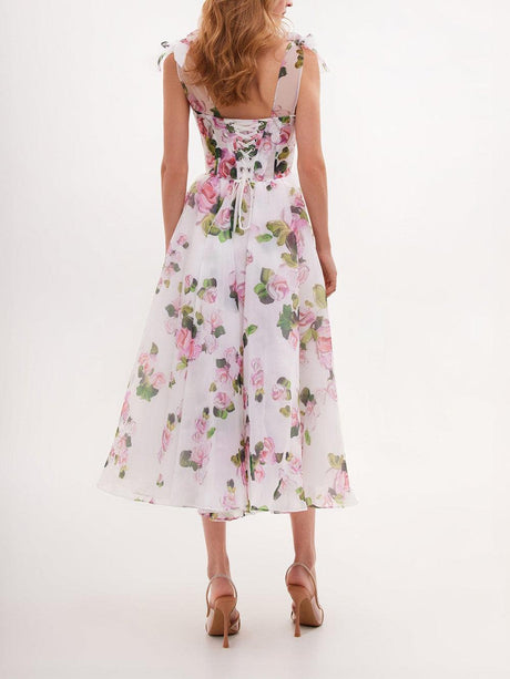 Aurohaya Tender Floral Midi Tie-strap Dress