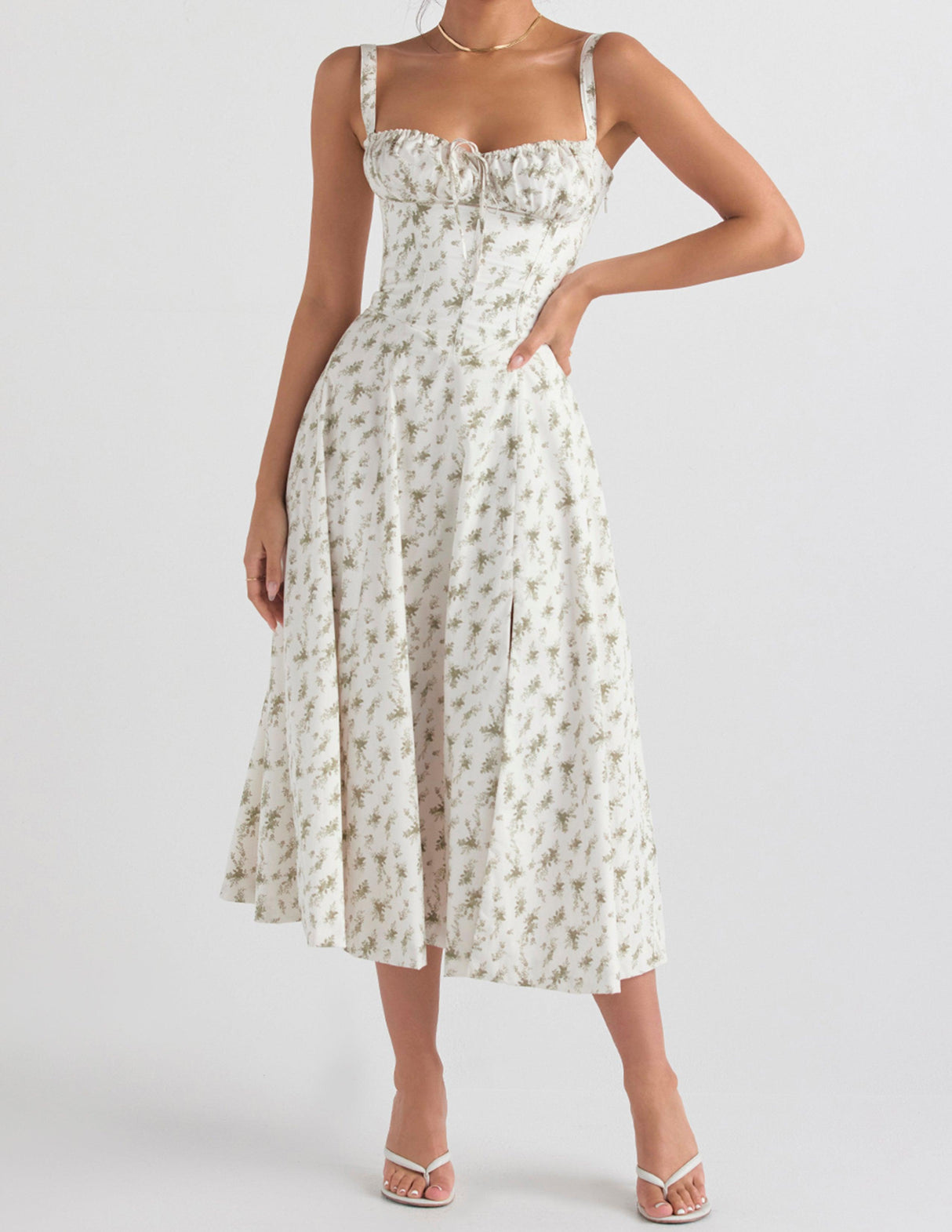 Aurohaya Rose Print Herringbone Slip Dress Minty Meadow