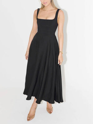 Aurohaya Elegant Sling Square Collar Large Swing MidI Dress