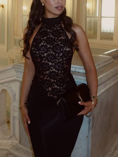 Aurohaya Off Shoulder Lace Splicing Design Maxi Dress