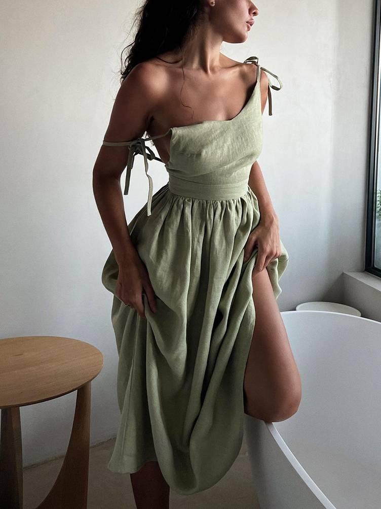 Aurohaya Elegant Sexy Strap Backless Dress Green