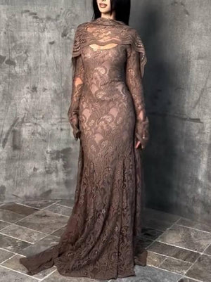 Aurohaya Lace Scarf Design Maxi Dress Brown