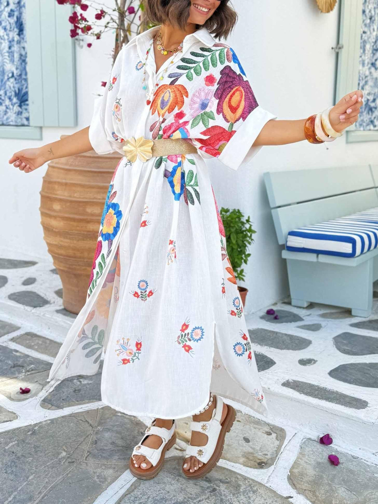 Aurohaya Casual Positioning Print Loose Resort Shirt Midi Dress