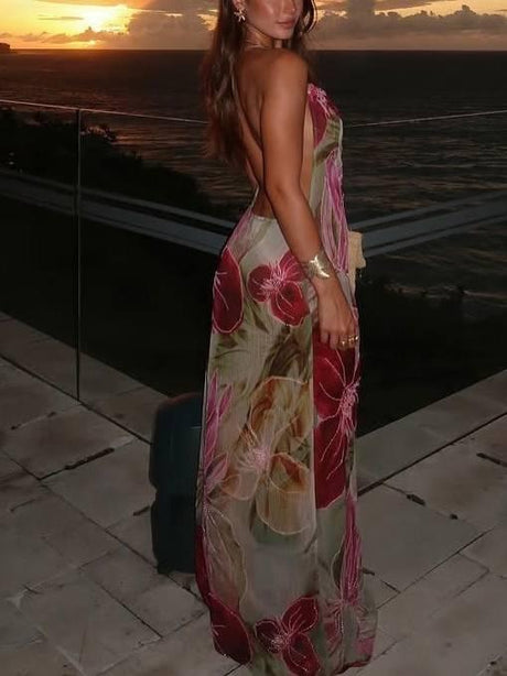 Aurohaya Halter Neck Backless High Slit Printed Dress