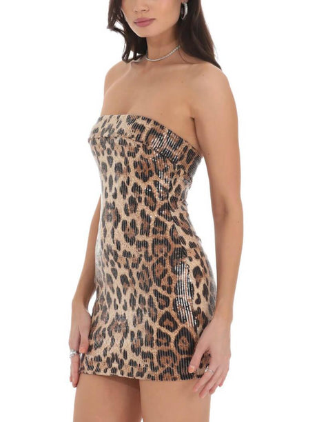 Aurohaya Strapless Sequined Leopard Print Mini Dress