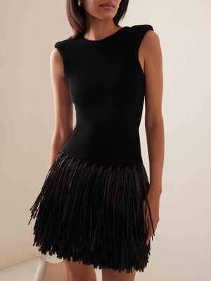 Aurohaya Elegant Raffia Layered Fringed Knitted Mini Dress Black
