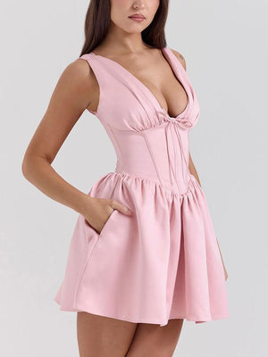 Aurohaya Elegant Satin Bow V Neck Mini Dress