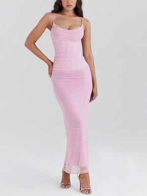 Aurohaya Sexy Slim Fit Hip-Hugging Slit Mesh Long Skirt Pink