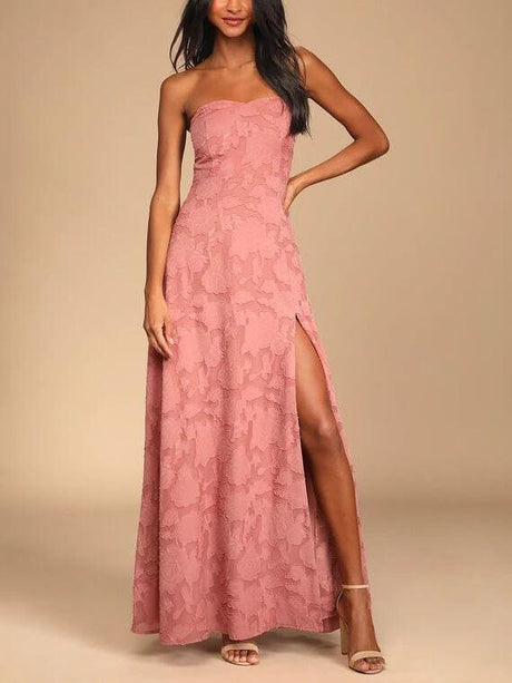 Aurohaya Evening Gown Strapless Slim Fit Slit Maxi Dress Pink