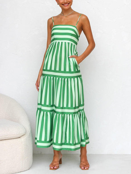 Aurohaya Suspender Open Back Striped Positioning Print Pocket Midi Dress