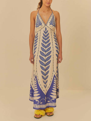 Aurohaya Unique Botanical And Floral Print V-Neck Halter Back Maxi Dress Blue