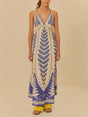 Aurohaya Unique Botanical And Floral Print V-Neck Halter Back Maxi Dress Blue