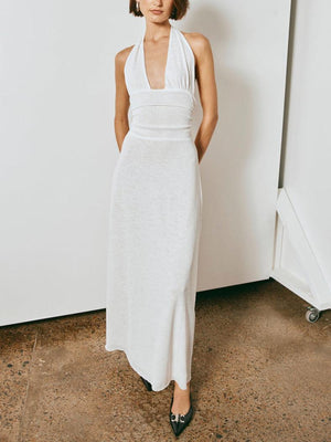 Aurohaya Halter Neck Deep V-Neck Slim Fit Pleated Backless Midi Dress White