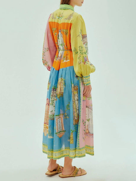 Aurohaya Exquisite Garden Print Button-Down Midi Dress