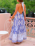 Elegant Halterneck Celadon Print Maxi Dress