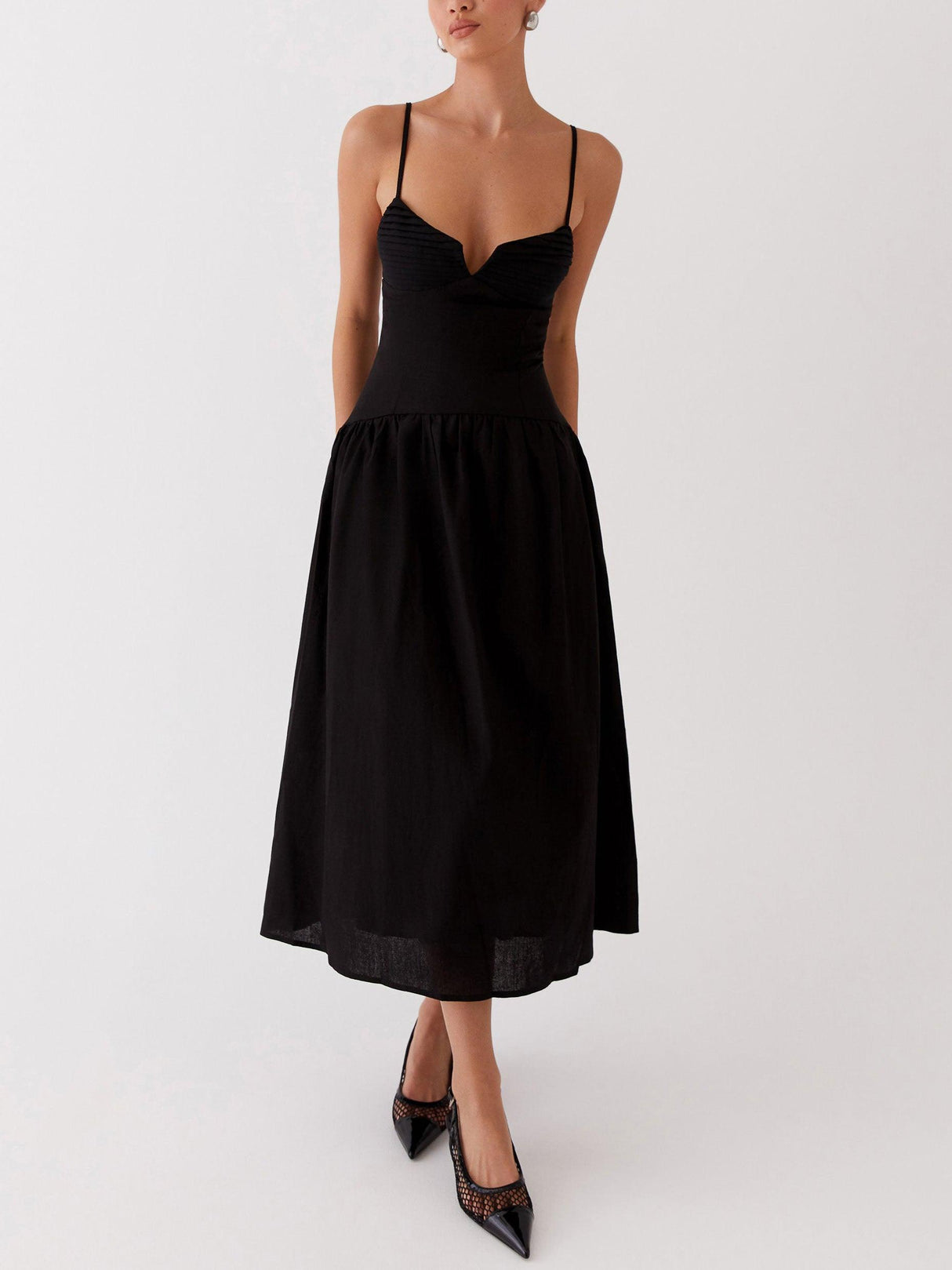 Aurohaya Elegant Vintage V-Neck Suspender Midi Dress