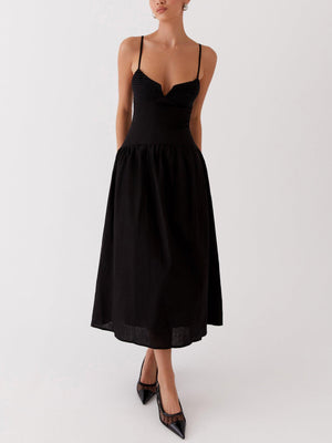 Aurohaya Elegant Vintage V-Neck Suspender Midi Dress