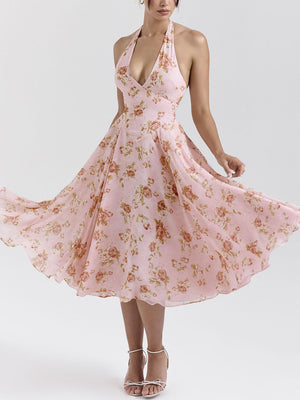 Aurohaya Exquisite Retro V-Neck Rose Print Midi Dress
