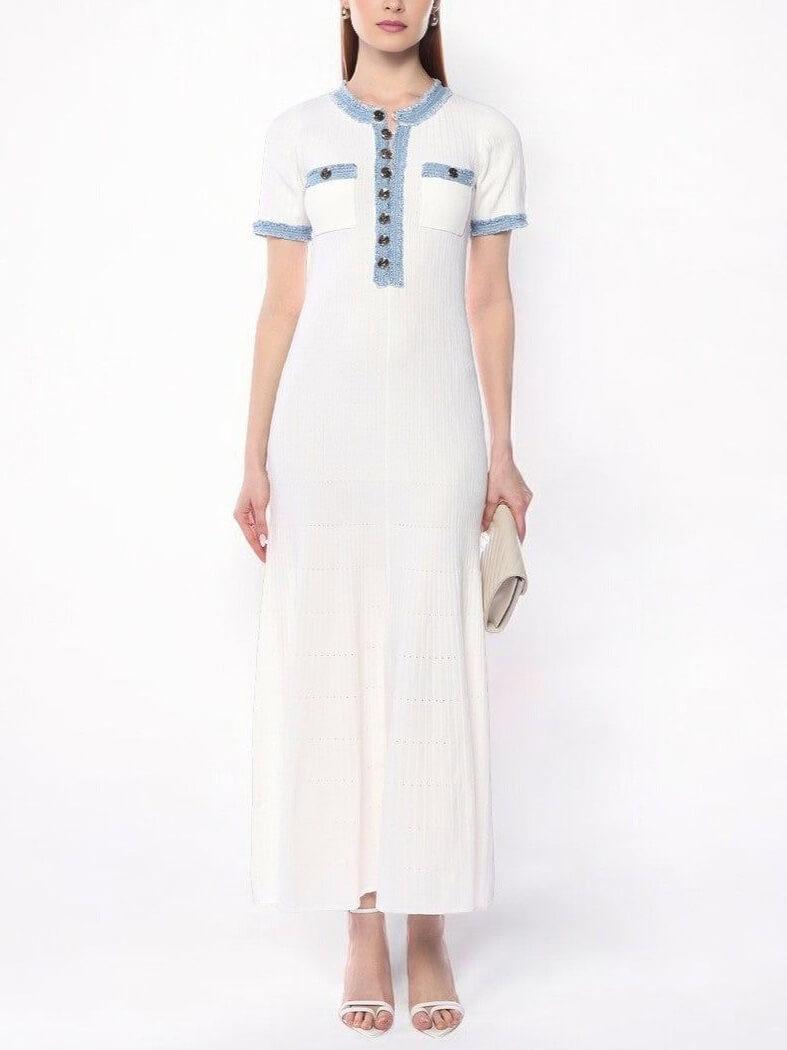 Aurohaya Fashion Denim Patchwork Knitted Tight Maxi Dress