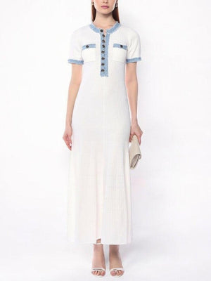 Aurohaya Fashion Denim Patchwork Knitted Tight Maxi Dress