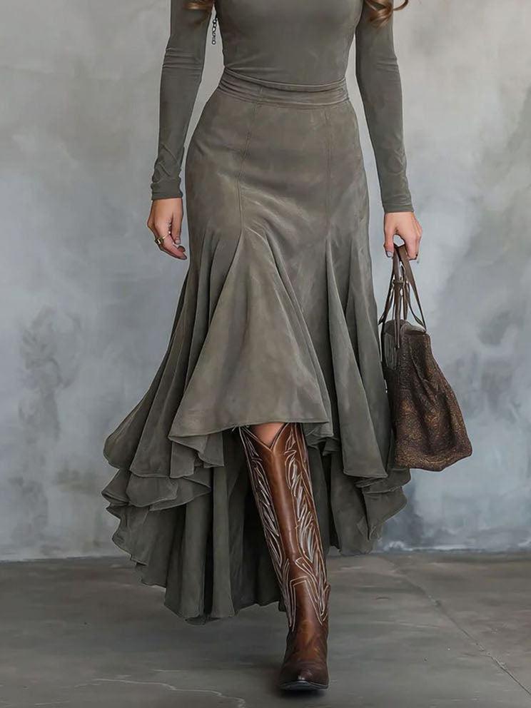 Aurohaya Retro Suede Irregular Midi Skirt Two-piece Set Gray Skirt