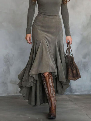 Aurohaya Retro Suede Irregular Midi Skirt Two-piece Set Gray Skirt